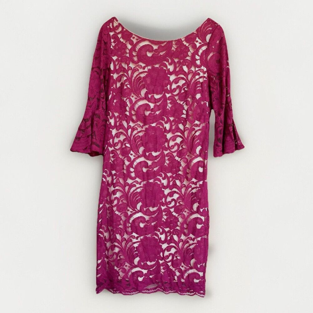 Vince Camuto Floral Lace Bell Sleeve Dress Womens 6 Fuchsia Pink Wedding Guest